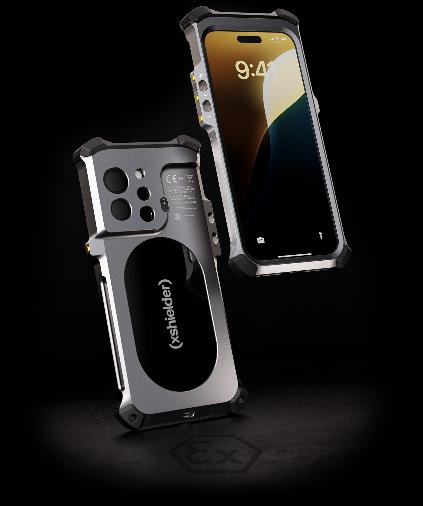 Hero image of the Xshielder IECEx and ATEX Zone 1cover with a iPhone 16 Pro Max encapsulated. The product is illustrated in a front and back view